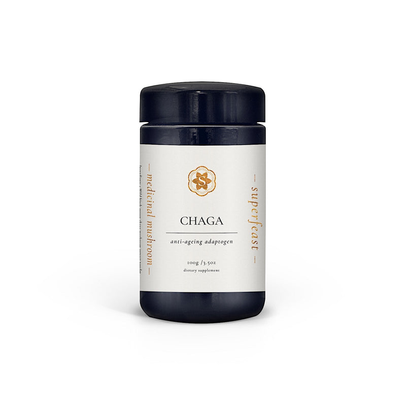 SUPERFEAST // MUSHROOM POWDER EXTRACT // CHAGA 100G  Chaga, an anti-ageing, immunity-boosting powerhouse, is packed-full of beta glucans, adaptogenic betulinic acid, high levels of antioxidants and skin-protecting melanin.