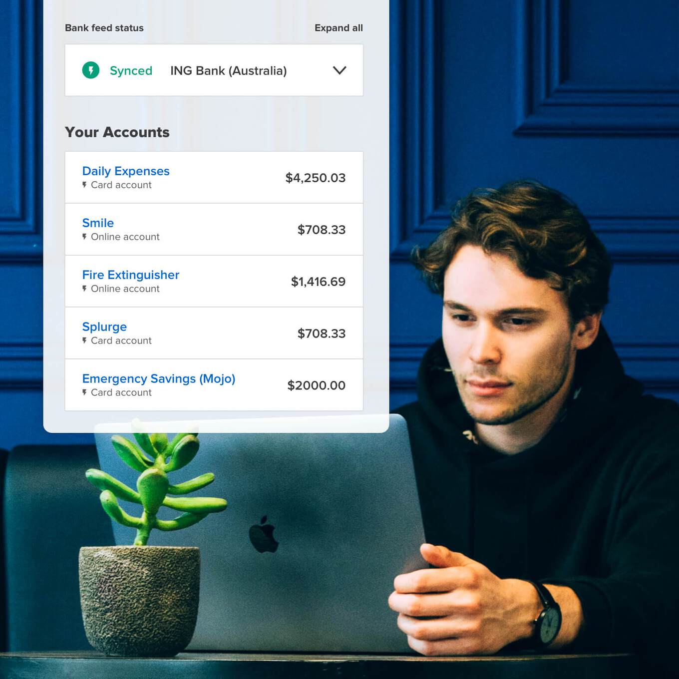 Once your Blow accounts are synced in PocketSmith, you can give them the appropriate names - With your accounts synced, go ahead and give each of them the appropriate name: Daily Expenses, Smile, Fire Extinguisher, Splurge and Mojo (Emergency fund) An image showing the five accounts of the Blow and Mojo buckets under the Barefoot Investor approach in PocketSmith