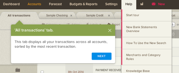 Application Tour on Bank Statements page