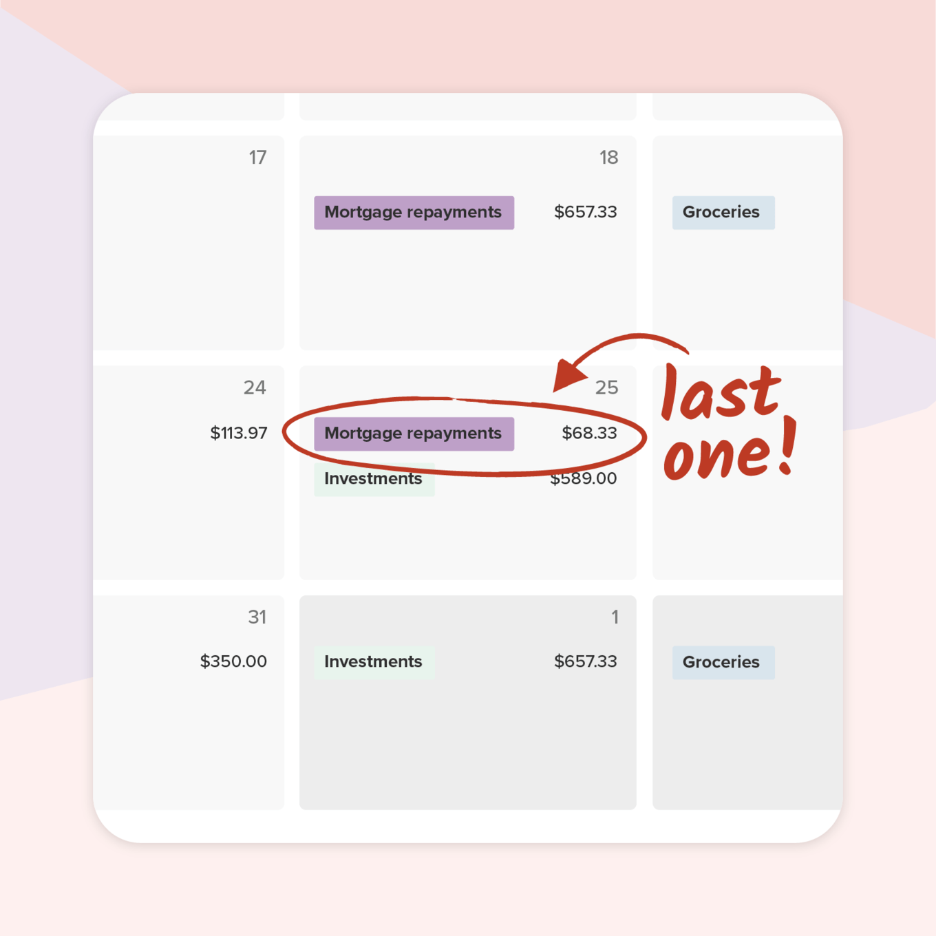 PocketSmith calendar page showing last mortgage payment PocketSmith calendar page showing last mortgage payment
