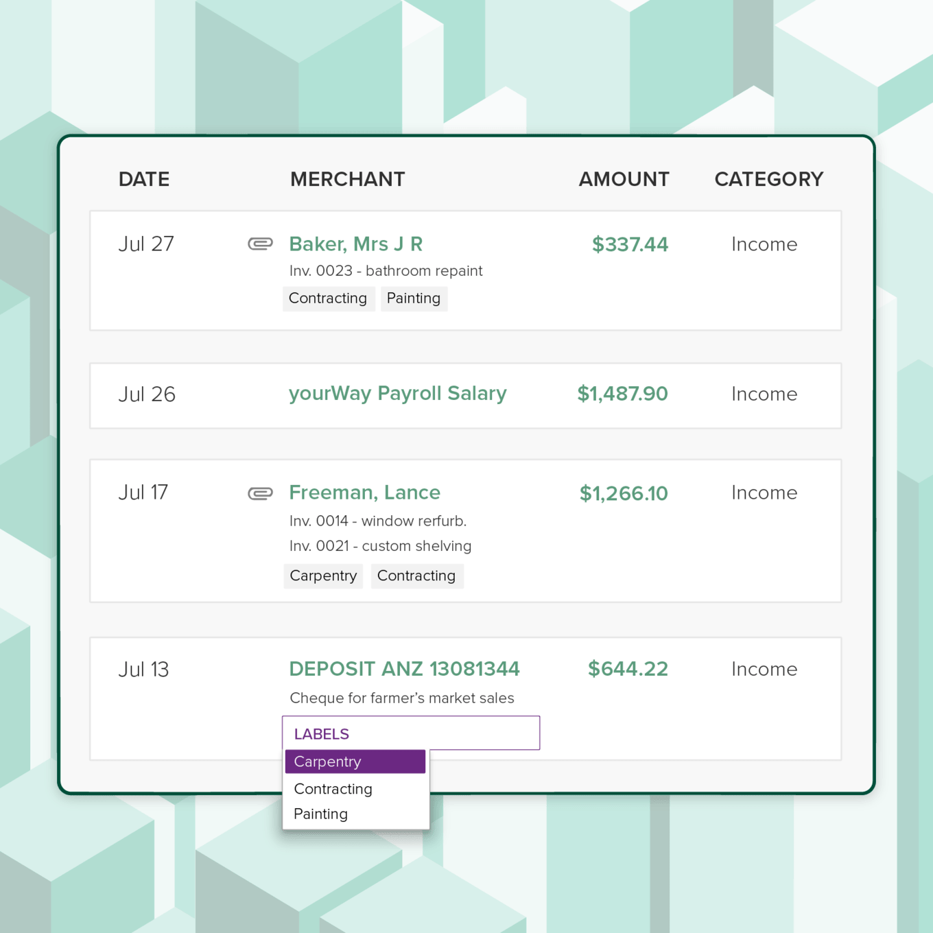 List of transactions in PocketSmith tracking multiple income streams