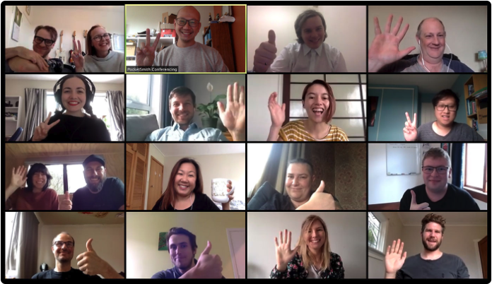 We were used to remote working before the pandemic, but we added Zoom meetings to our repertoire! A screen from a Zoom meeting, showing a team of people working remotely from home