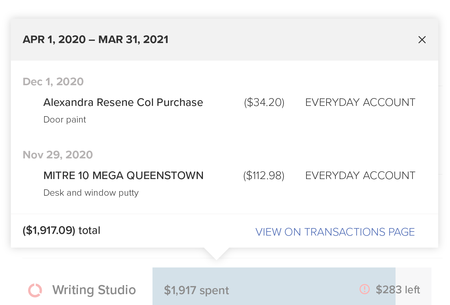 And looking at all of the transactions in our PocketSmith budget, we actually came in under budget! A screenshot of the transactions with the Writing Studio budget in PocketSmith