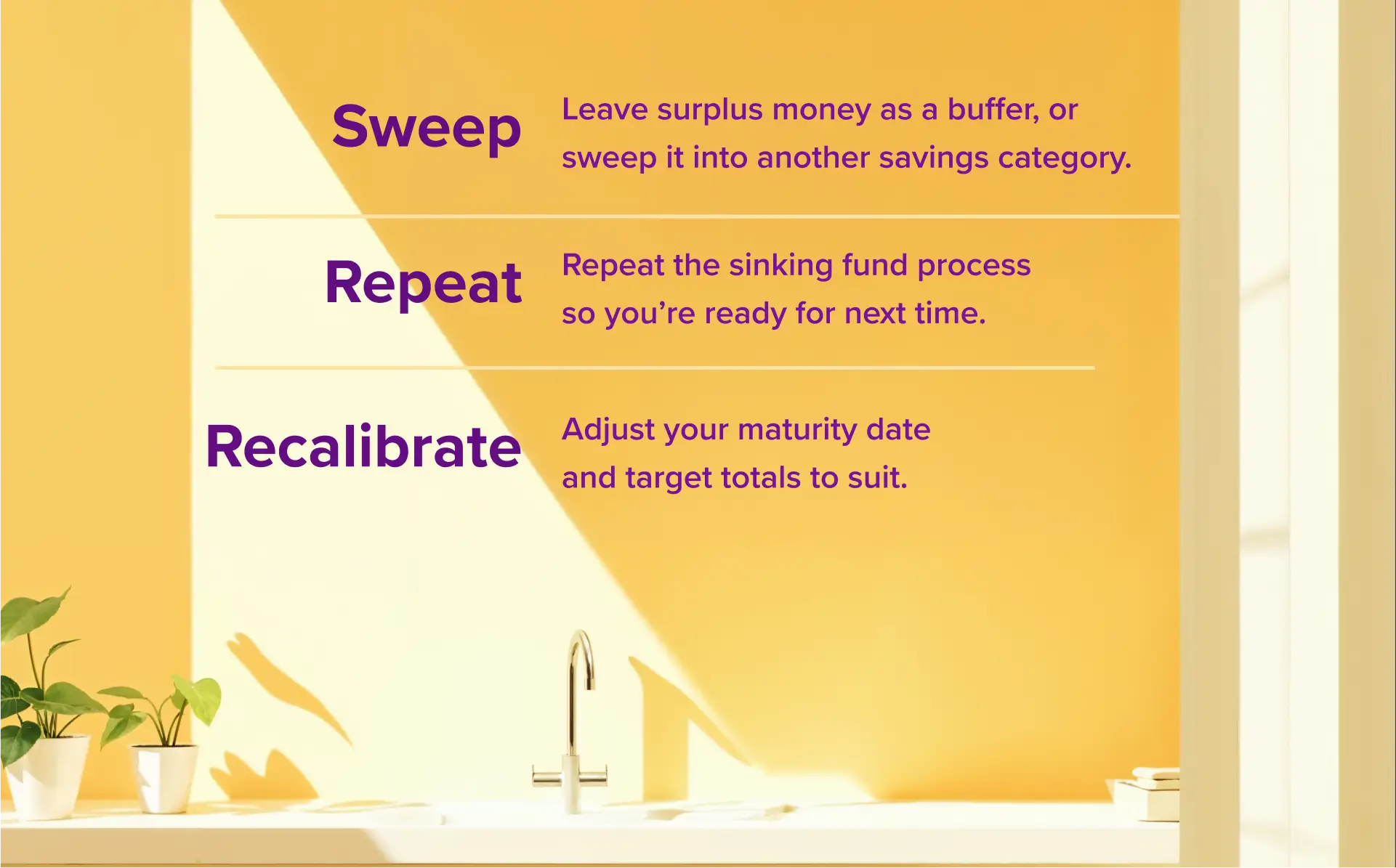 Each time your sinking fund matures, you need to sweep, repeat and recalibrate.