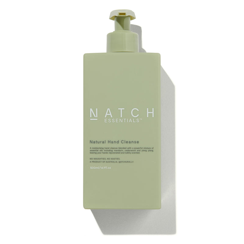 Natch Essentials Natural Hand Cleanse is a daily antibacterial hand wash rich with an ultra-hydrating blend of essential oils and premium natural ingredients to protect your skin.  A beautiful blend of essential oils including Mandarin, Cedarwood and Ylang Ylang leaves skin subtly scented and deeply cleansed without drying out. Formulated for a luxurious lather, this hand wash nourishes and softens skin., VEGAN GENDERLESS