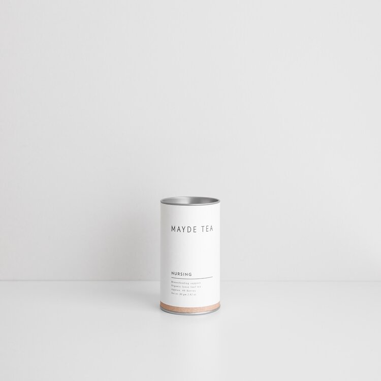 MAYDE TEA // NURSING // RETAIL TUBE 80g // 40 serves loose leaf tea  A naturopathically formulated blend created to support healthy lactation.  A refreshing and warming treat free from caffeine, this Nursing tea settles and nourishes the digestive system of both mother and baby with lemongrass, fennel and fenugreek. The nursing blend has been designed to consume postpartum, rather than during pregnancy.   