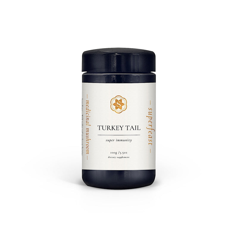 SUPERFEAST // MUSHROOM POWDER EXTRACT // TURKEY TAIL 100g  Used by Taoists to cultivate a robust immune system that is able to combat pathogens, turkey tail is also beneficial for boosting Qi (Chi), supporting bone health, toning the liver, and improving gut health.