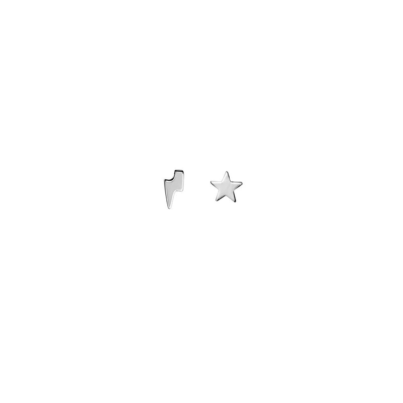 Tiny Lightning Bolt & Star Stud Earrings | Silver