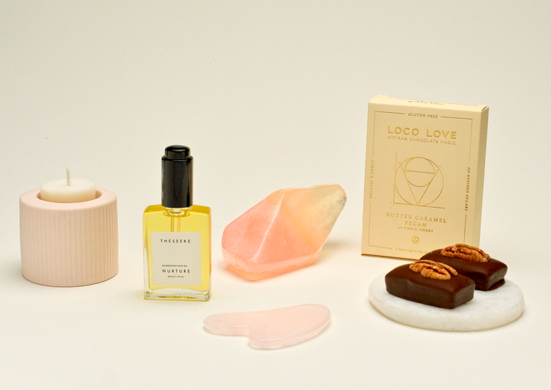 THE NURTURE PACK  Spoil someone you love or yourself with this beautiful gift pack!  Pack contains:  THESEEKE NURTURE OIL | 50ml THESEEKE GUA SHA | ROSE QUARTZ SUMMER SALT BODY CRYSTAL SOAP | ROSE QUARTZ MARMOSET FOUND CANDLE HOLDER | NUDE LOCO LOVE TWIN PACK | BUTTER CARAMEL PECAN